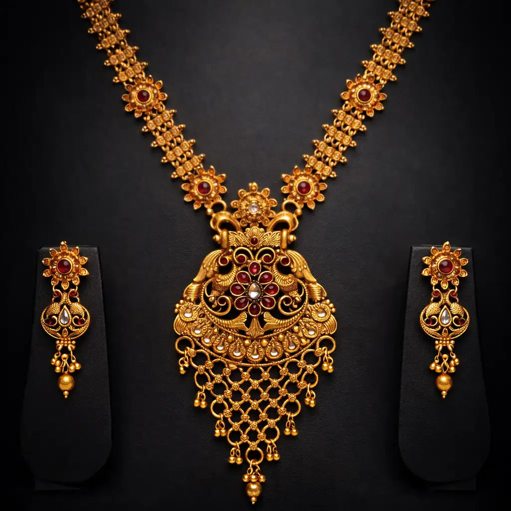 Gold Temple Tassel Long Necklace Set with Earrings