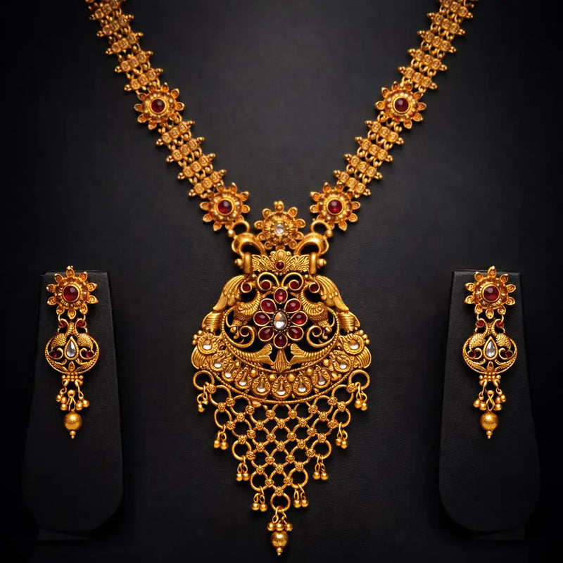 Gold Temple Tassel Long Necklace Set with Earrings
