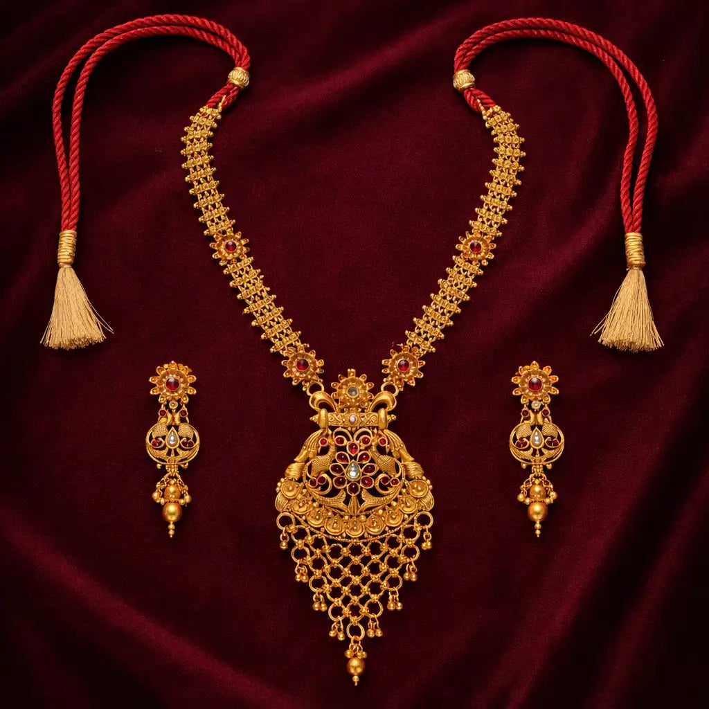 Gold Temple Tassel Long Necklace Set with Earrings