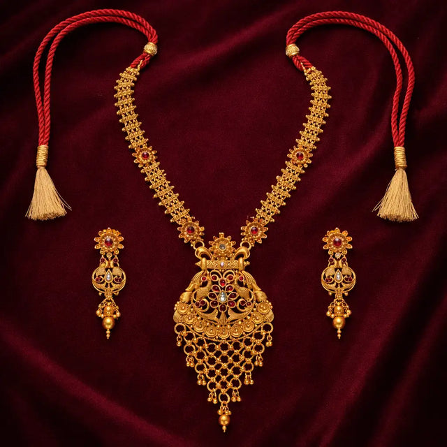 Gold Temple Tassel Long Necklace Set with Earrings