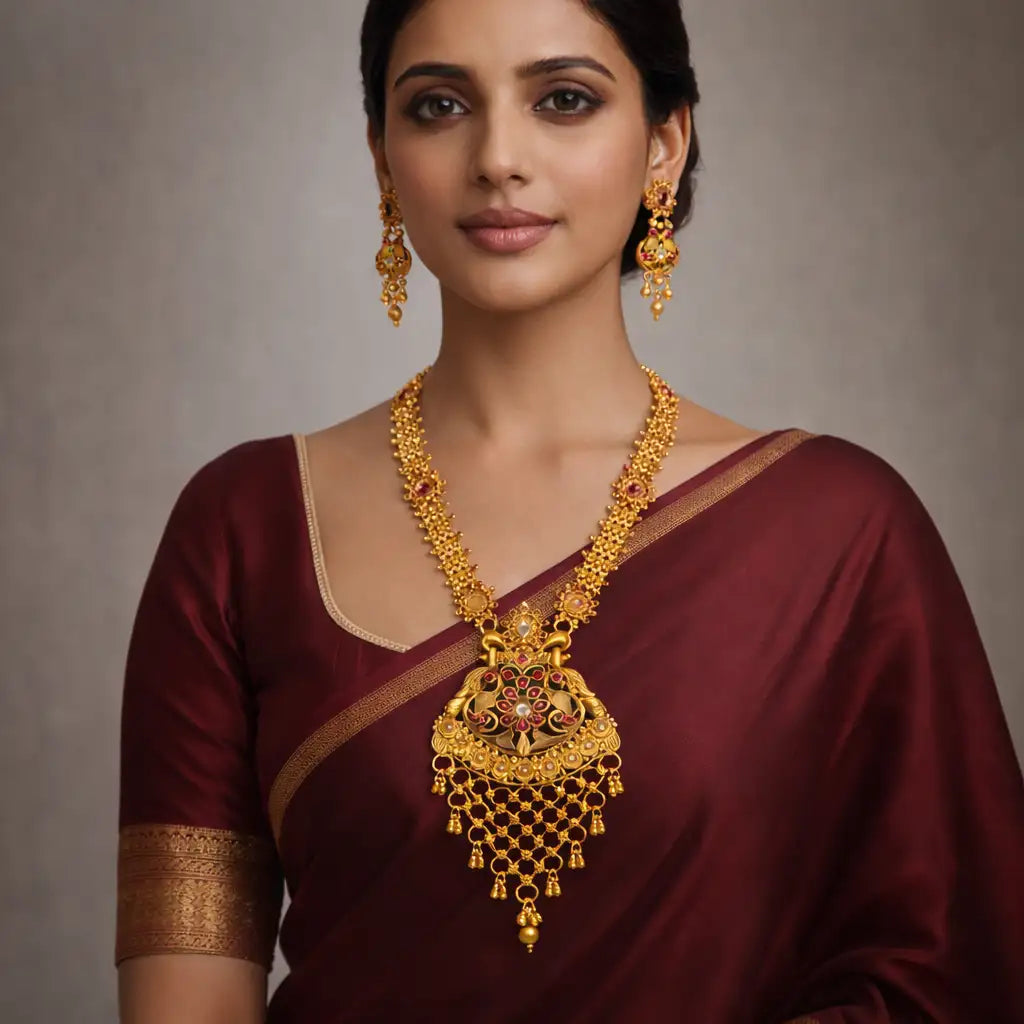 Gold Temple Tassel Long Necklace Set with Earrings