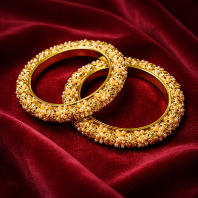 Gold Textured Ornate Bangles (Set of 2)