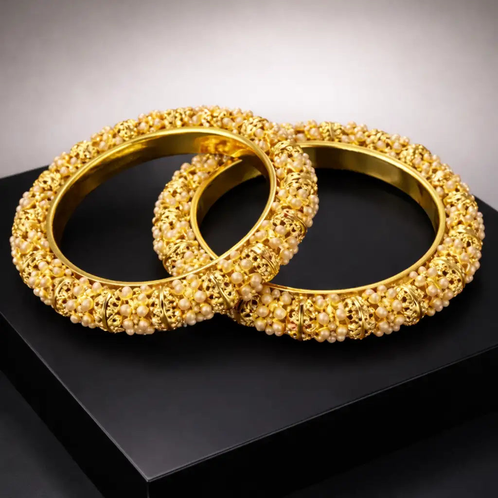 Gold Textured Ornate Bangles (Set of 2)