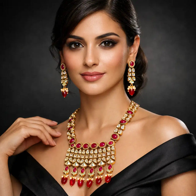 Gold & Red Coral Temple Long Necklace Set with Earrings