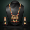 Gold & Red Coral Temple Long Necklace Set with Earrings
