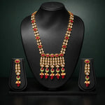 Gold & Red Coral Temple Long Necklace Set with Earrings