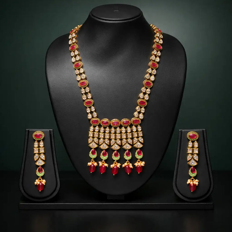 Gold & Red Coral Temple Long Necklace Set with Earrings