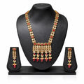 Gold & Red Coral Temple Long Necklace Set with Earrings