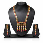 Gold & Red Coral Temple Long Necklace Set with Earrings