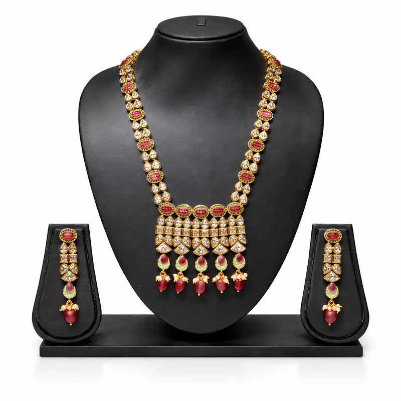 Gold & Red Coral Temple Long Necklace Set with Earrings