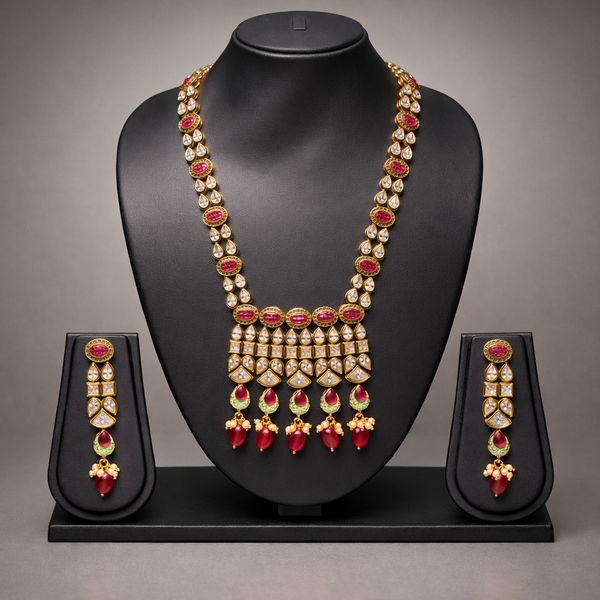 Gold & Red Coral Temple Long Necklace Set with Earrings