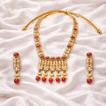 Gold & Red Coral Temple Long Necklace Set with Earrings