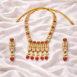 Gold & Red Coral Temple Long Necklace Set with Earrings