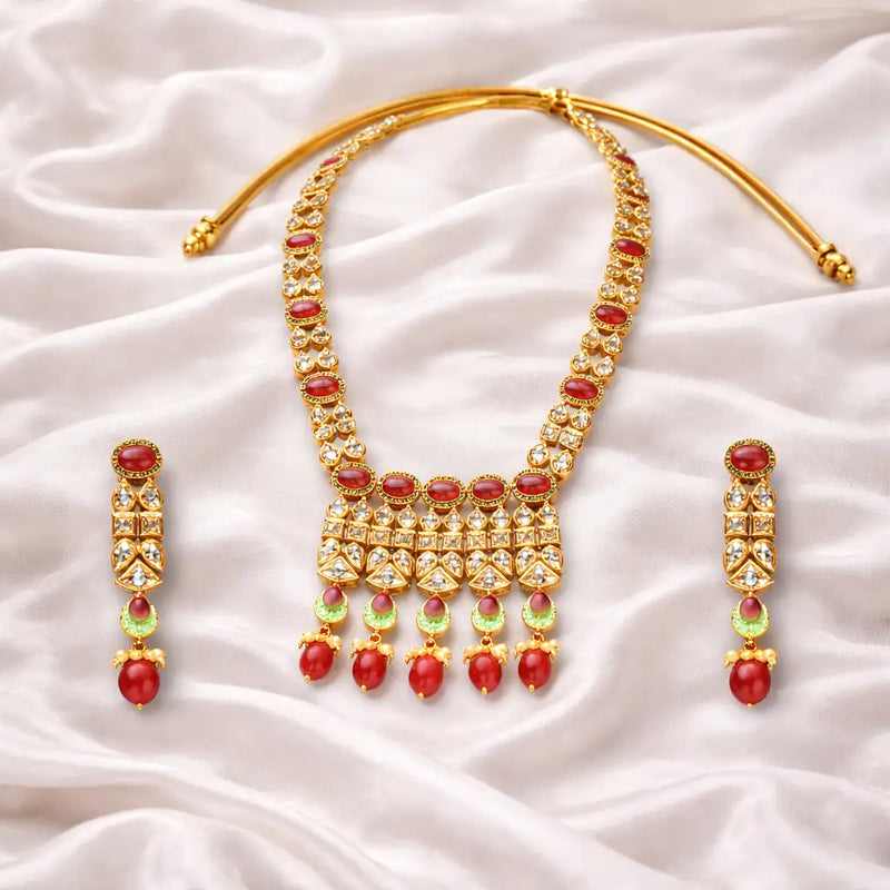 Gold & Red Coral Temple Long Necklace Set with Earrings