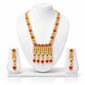 Gold & Red Coral Temple Long Necklace Set with Earrings