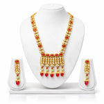 Gold & Red Coral Temple Long Necklace Set with Earrings