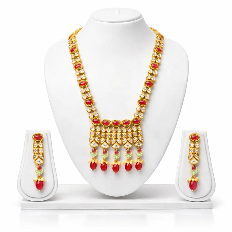 Gold & Red Coral Temple Long Necklace Set with Earrings