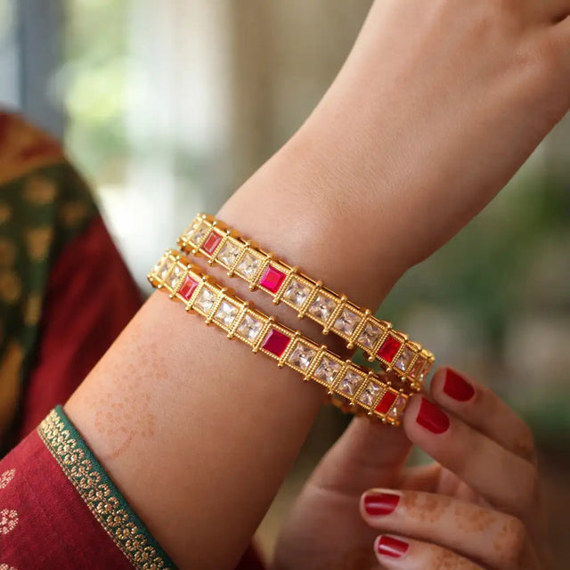 Gold & Red Stone Studded Bangles (Set of 2)