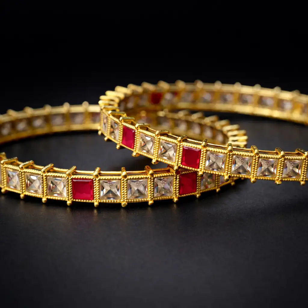 Gold & Red Stone Studded Bangles (Set of 2)