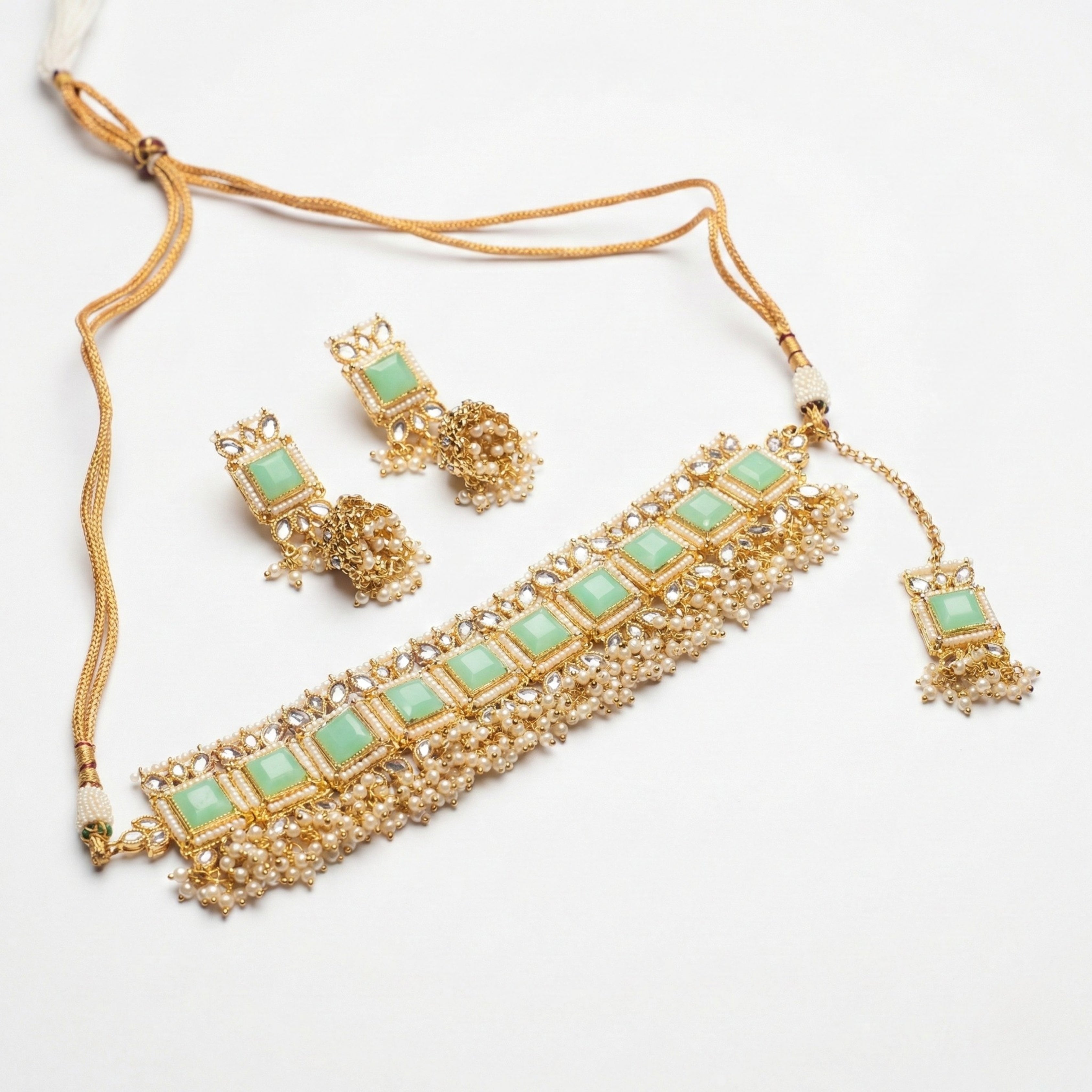Mint Green Kundan Choker Necklace Set with Earrings