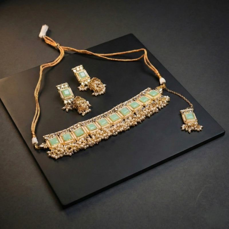 Mint Green Kundan Choker Necklace Set with Earrings