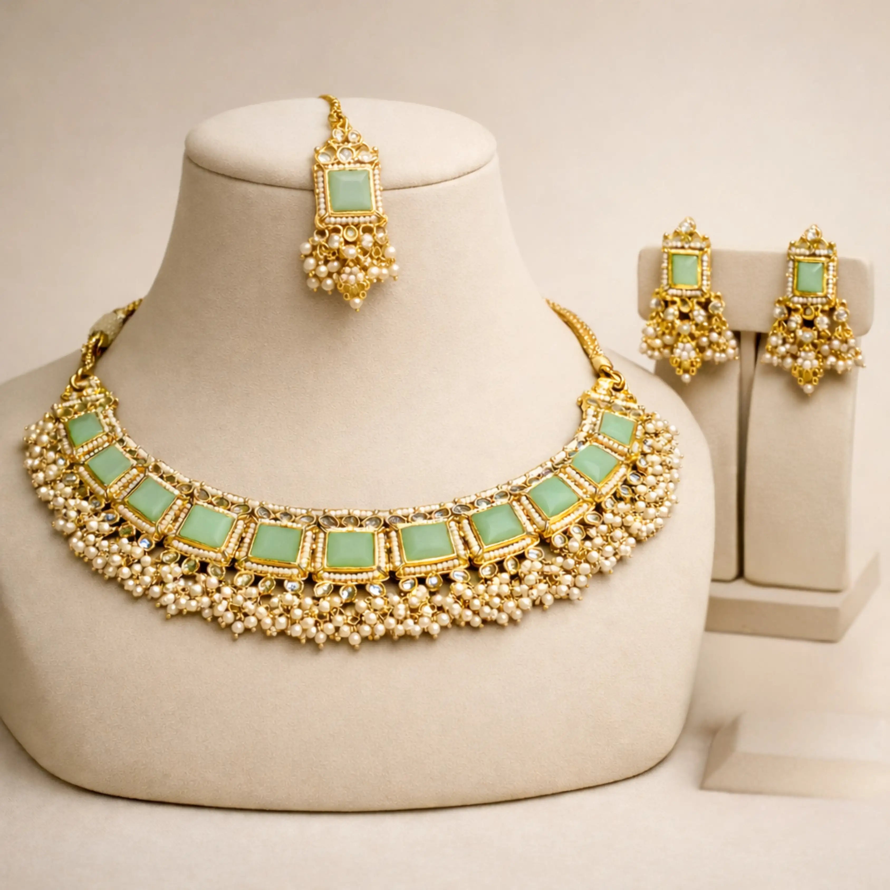 Mint Green Kundan Choker Necklace Set with Earrings