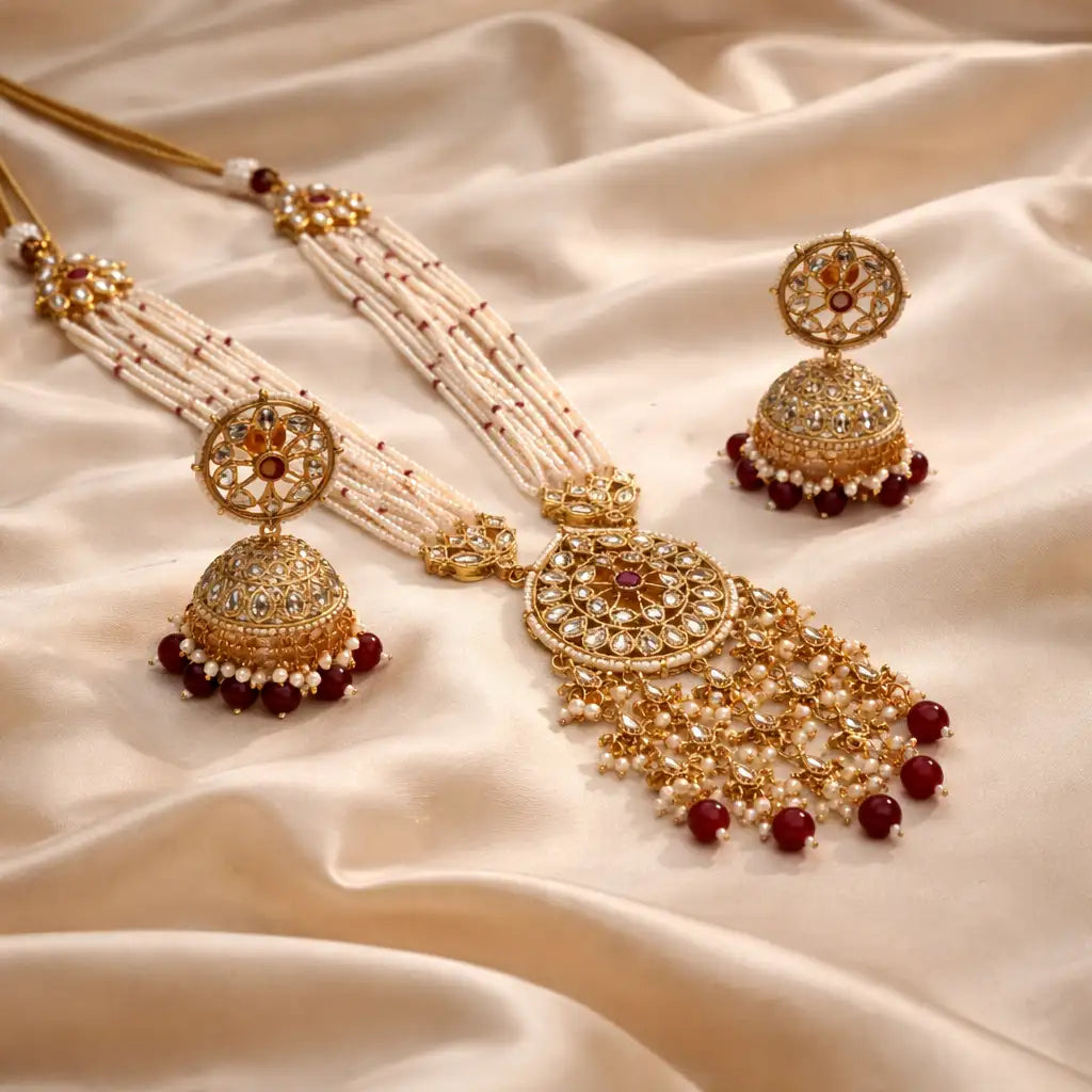 Multilayer Pearl Rani Haar Necklace Set with Kundan Pendant & Jhumka Earrings | Ruby Bead Long Necklace | Gold-Plated Bridal Jewellery Set | Traditional Indian Wedding Jewellery