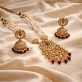 Multilayer Pearl Rani Haar Necklace Set with Kundan Pendant & Jhumka Earrings | Ruby Bead Long Necklace | Gold-Plated Bridal Jewellery Set