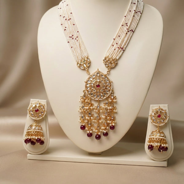 Multilayer Pearl Rani Haar Necklace Set with Kundan Pendant & Jhumka Earrings | Ruby Bead Long Necklace | Gold-Plated Bridal Jewellery Set | Traditional Indian Wedding Jewellery