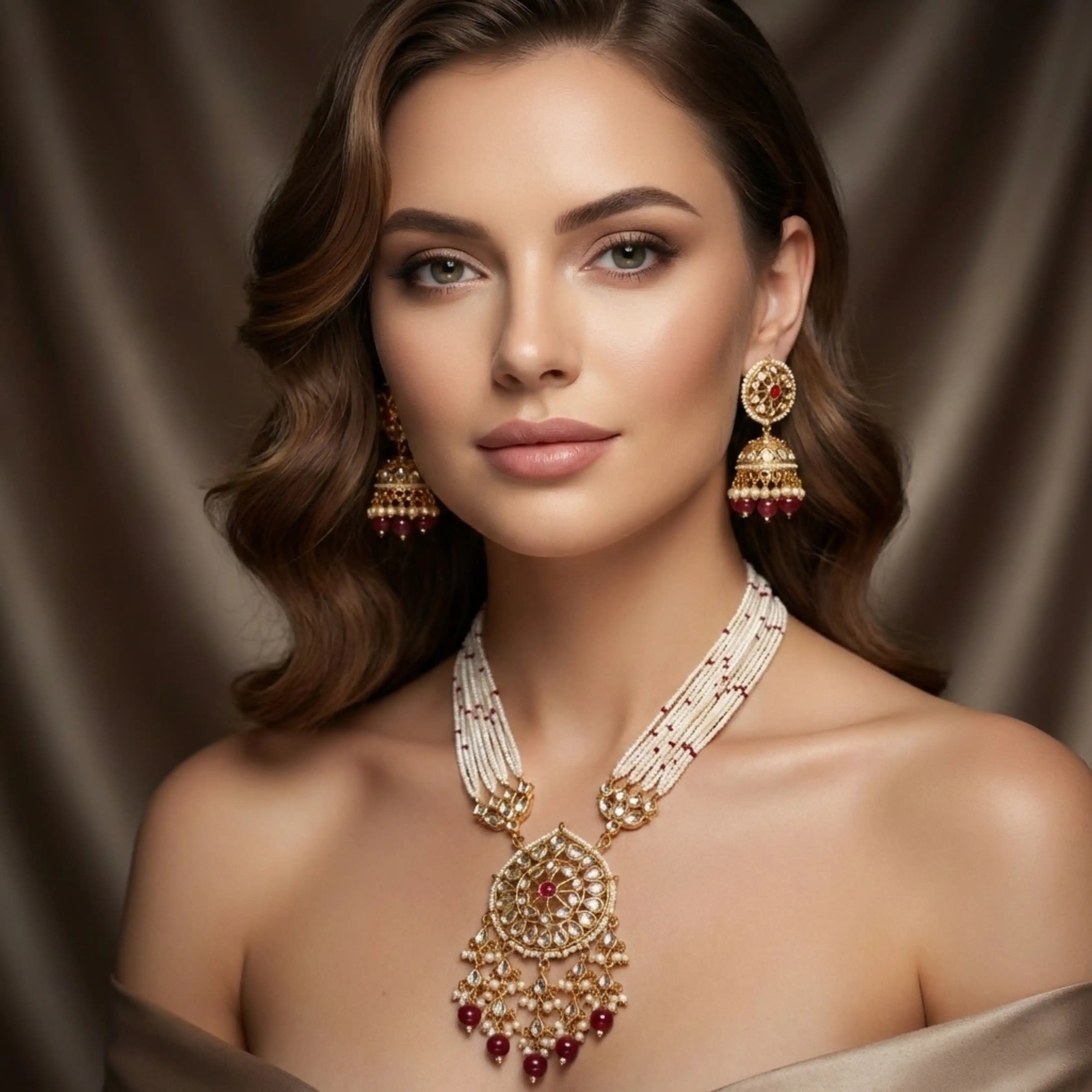 Multilayer Pearl Rani Haar Necklace Set with Kundan Pendant & Jhumka Earrings | Ruby Bead Long Necklace | Gold-Plated Bridal Jewellery Set | Traditional Indian Wedding Jewellery