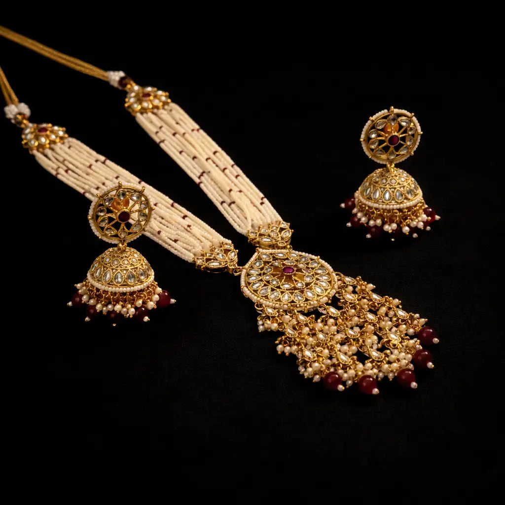 Multilayer Pearl Rani Haar Necklace Set with Kundan Pendant & Jhumka Earrings | Ruby Bead Long Necklace | Gold-Plated Bridal Jewellery Set | Traditional Indian Wedding Jewellery