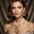 Multilayer Pearl Rani Haar Necklace Set with Kundan Pendant & Jhumka Earrings | Ruby Bead Long Necklace | Gold-Plated Bridal Jewellery Set