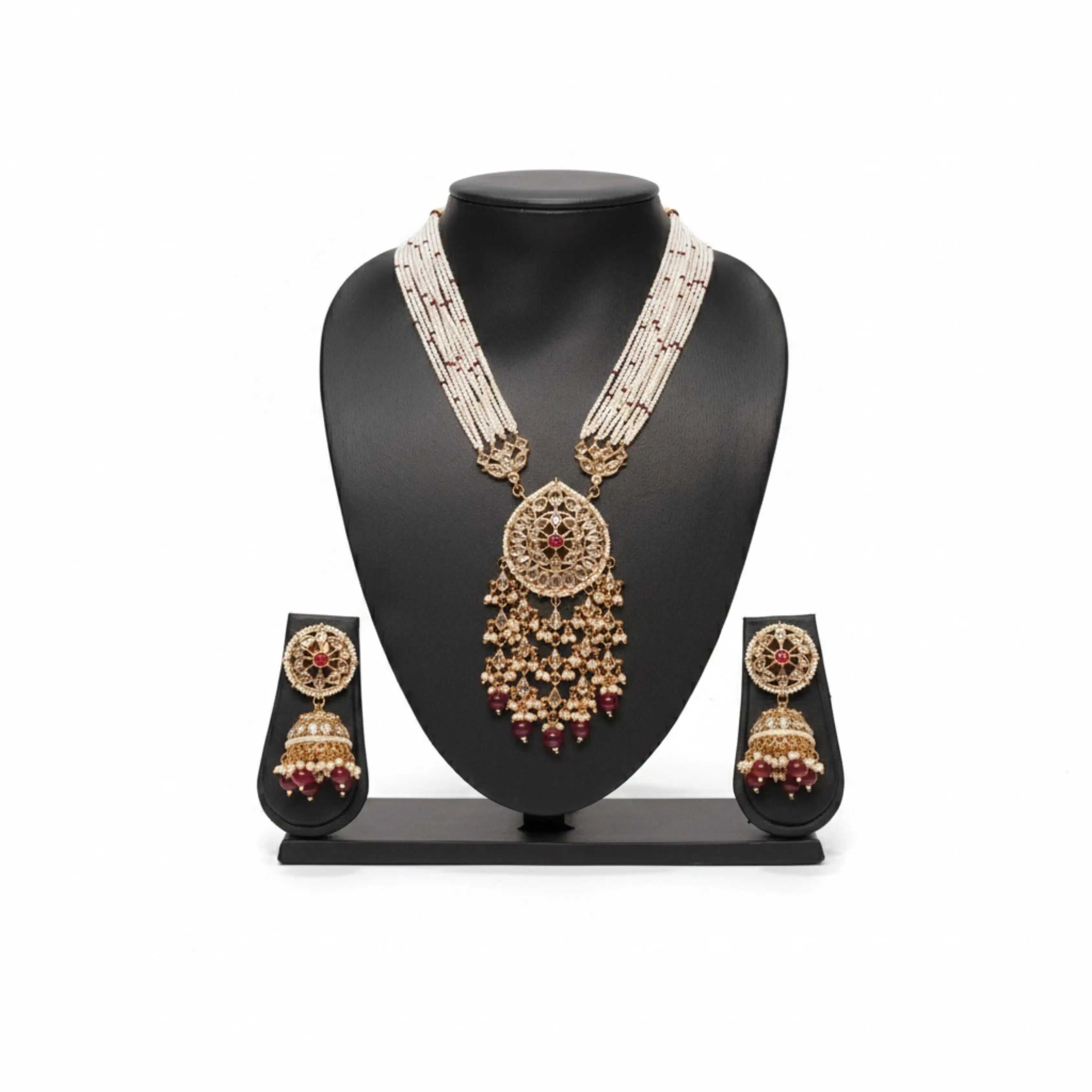 Multilayer Pearl Rani Haar Necklace Set with Kundan Pendant & Jhumka Earrings | Ruby Bead Long Necklace | Gold-Plated Bridal Jewellery Set | Traditional Indian Wedding Jewellery