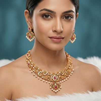Ruby Red Kundan Bridal Necklace Set with Earrings