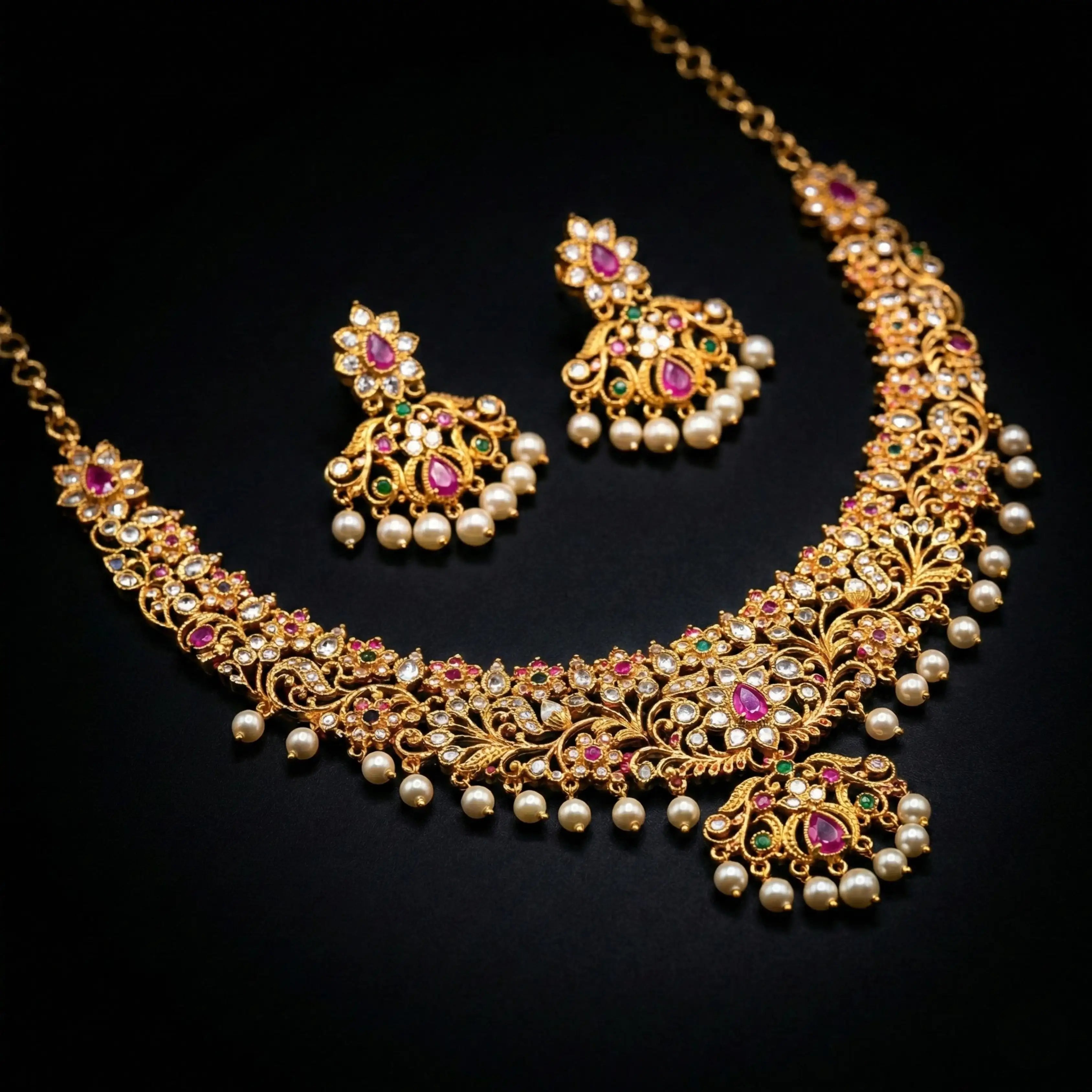 Ruby Red Kundan Bridal Necklace Set with Earrings