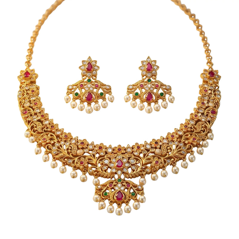 Ruby Red Kundan Bridal Necklace Set with Earrings