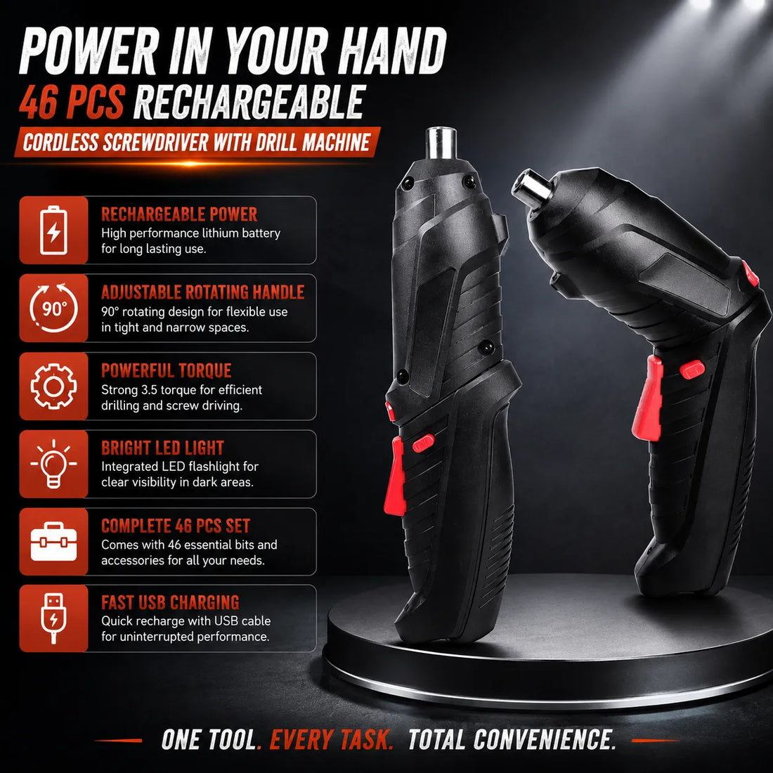 46-Piece Rechargeable Cordless Drill & Precision Screwdriver Set