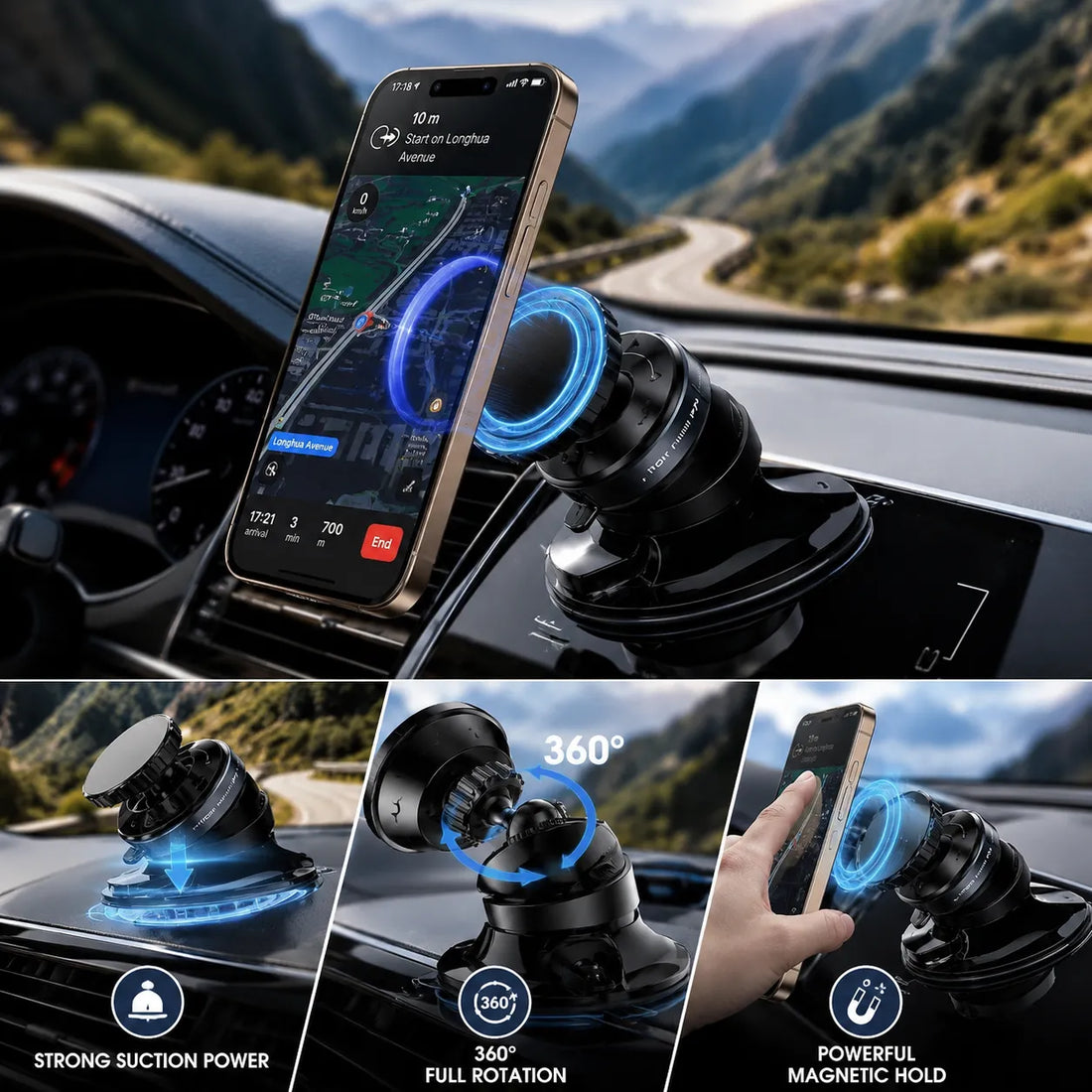 360° Magnetic Car Phone Holder with Strong Suction Mount