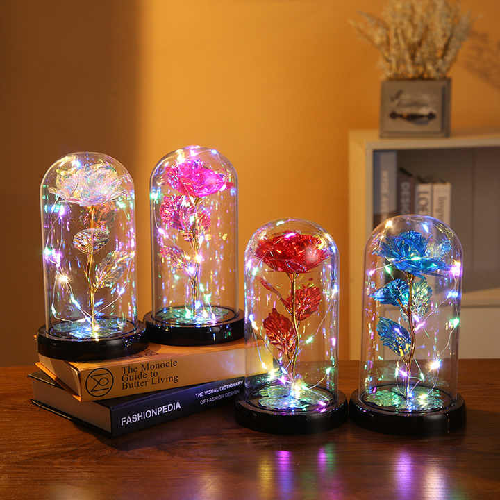 Foil Rose in Glass Dome – Eternal Beauty with LED Light Magic - Dreamzhub