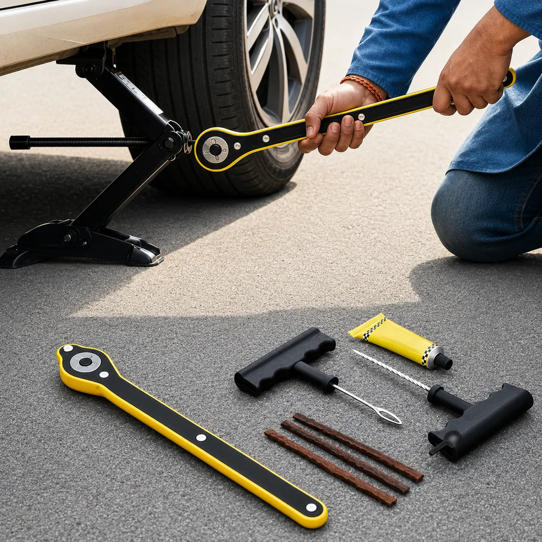 Car Jack Lifting Tool With Puncture Kit