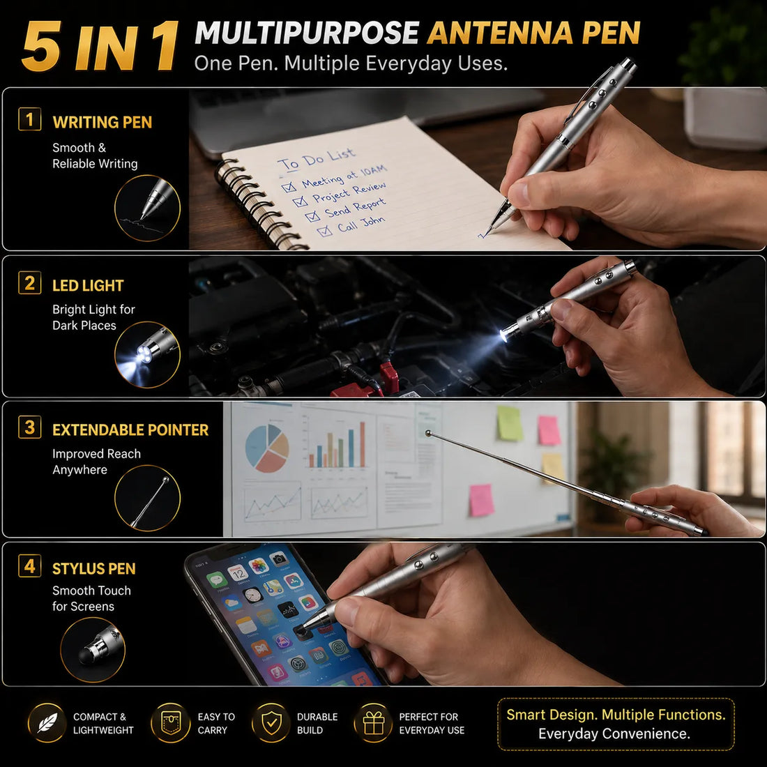 5-in-1 Multi-Function Antenna Pen with LED Light