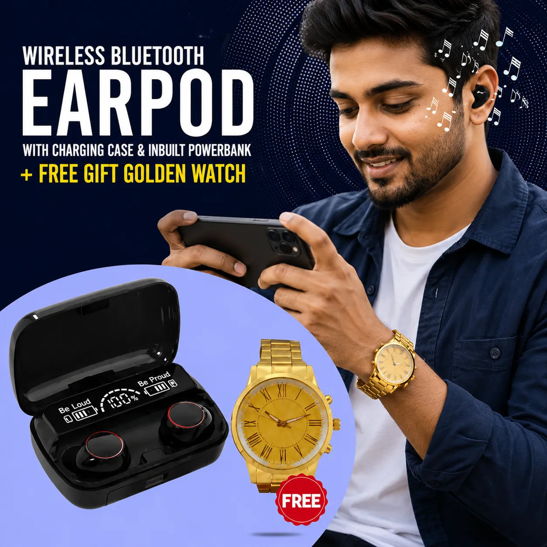 Wireless Earpods with Charging Inbuilt Powerbank M10 with Free Golden Watch